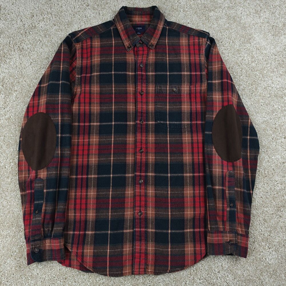 J Crew Plaid Oxford Shirt Men's S Red Woven Elbow Patches 100% Cotton Retro
